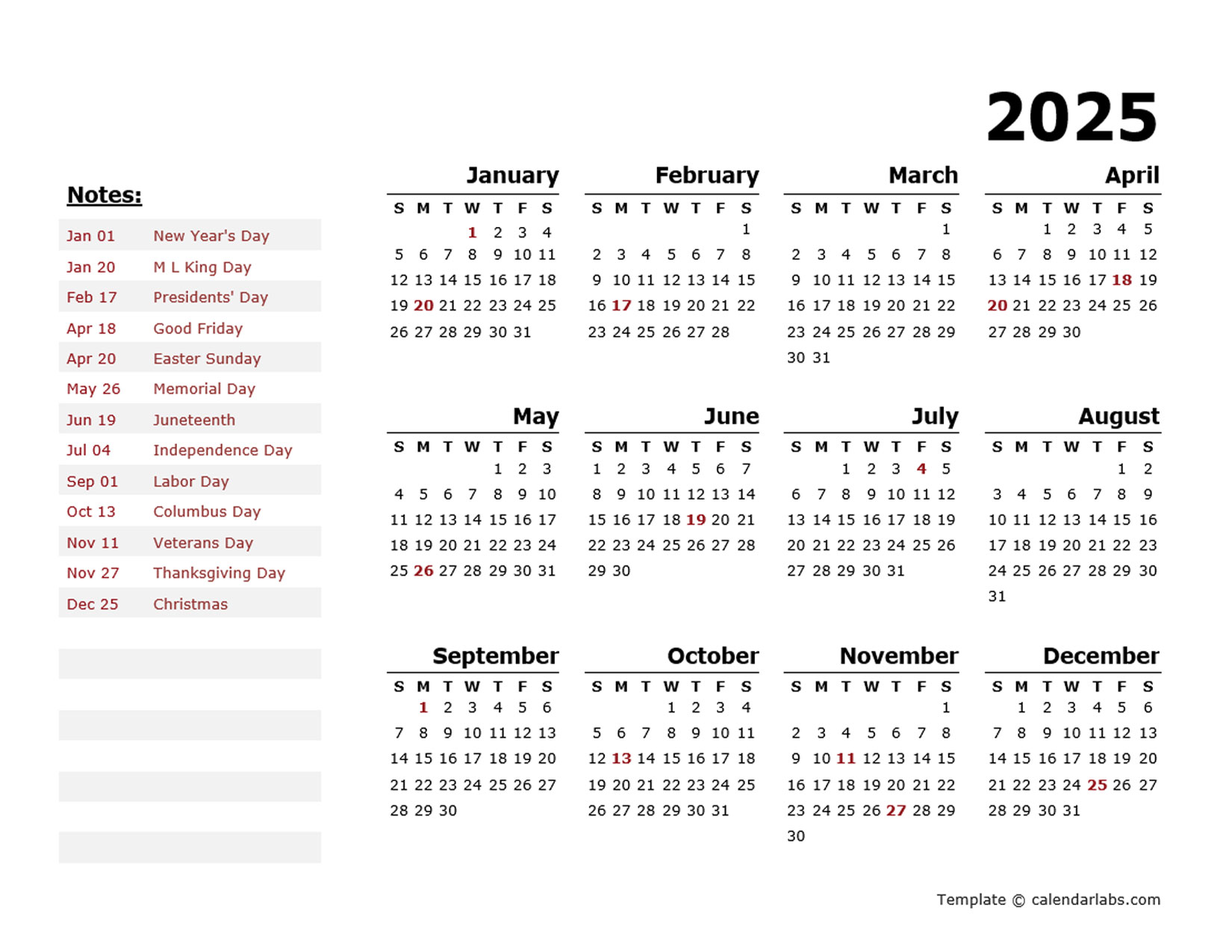2025 Year Calendar Word Template With Holidays - Free Printable Templates