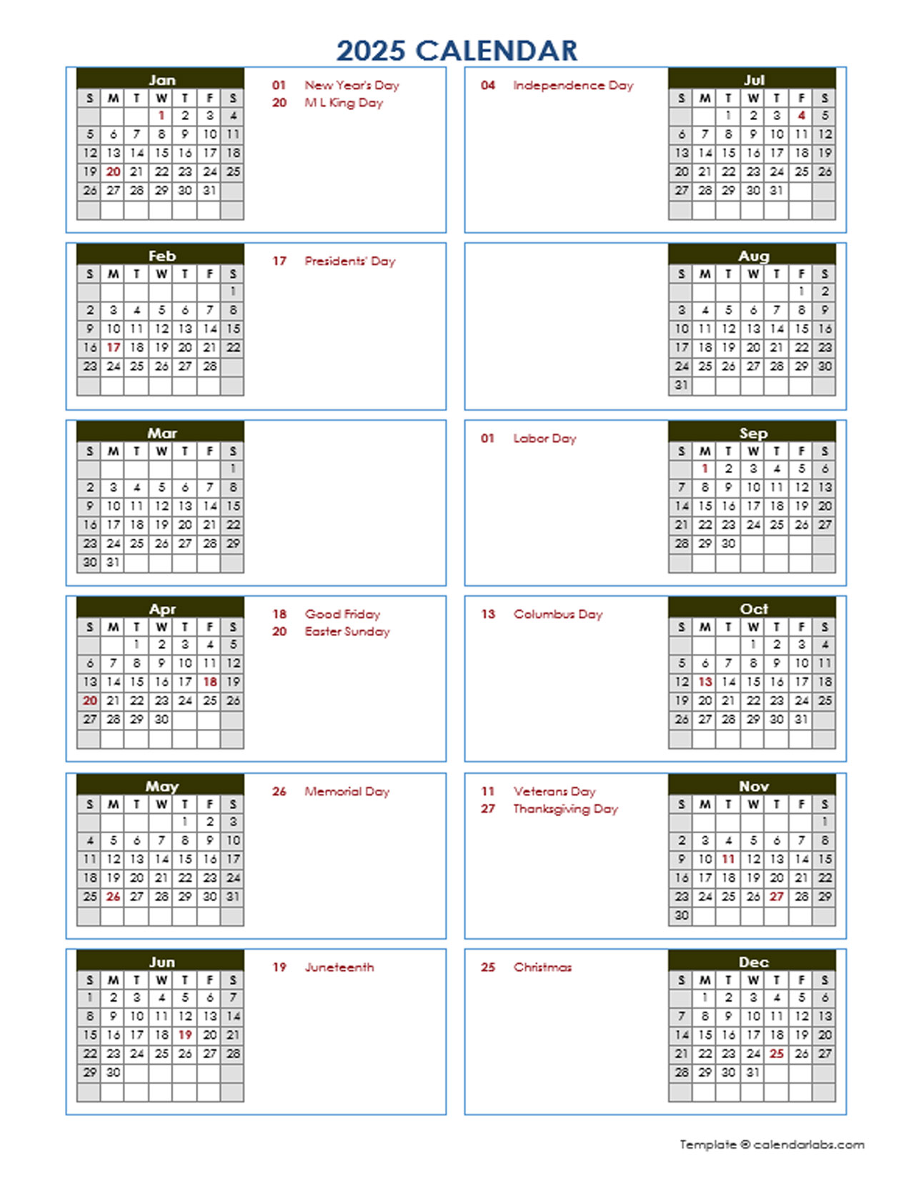 2025 Year At A Glance Word Calendar Template - Free Printable Templates