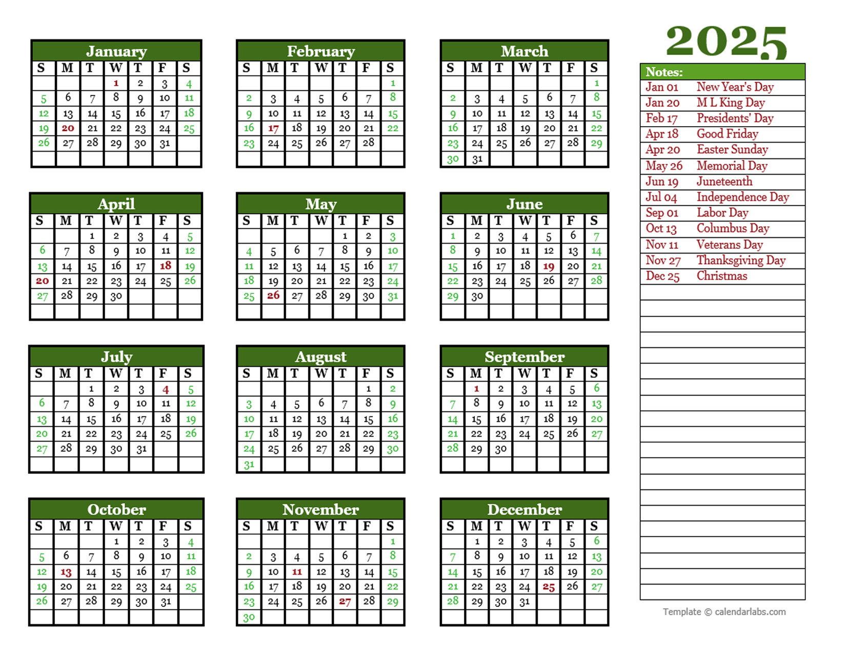 Editable 2025 Yearly Calendar Landscape Free Printable Templates