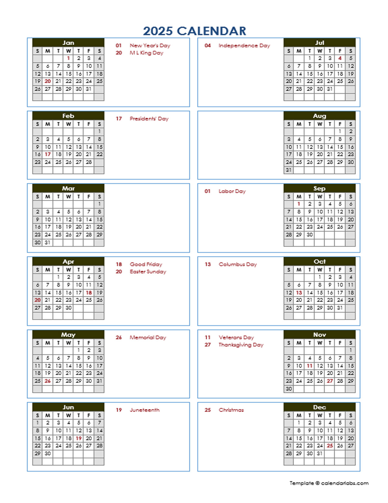 2025 Yearly Calendar Template Vertical Design - Free Printable Templates