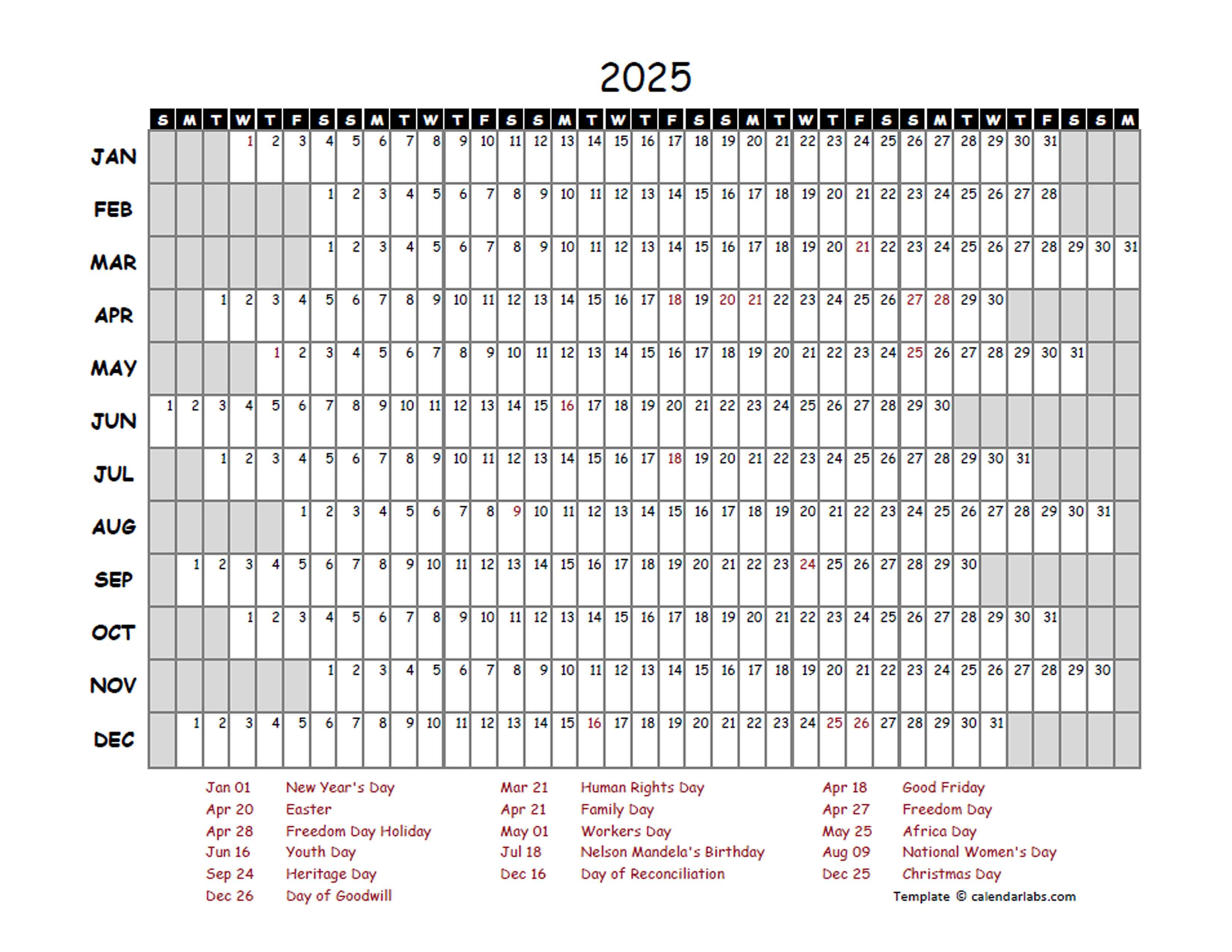 2025 Yearly Project Timeline Calendar South Africa Free Printable