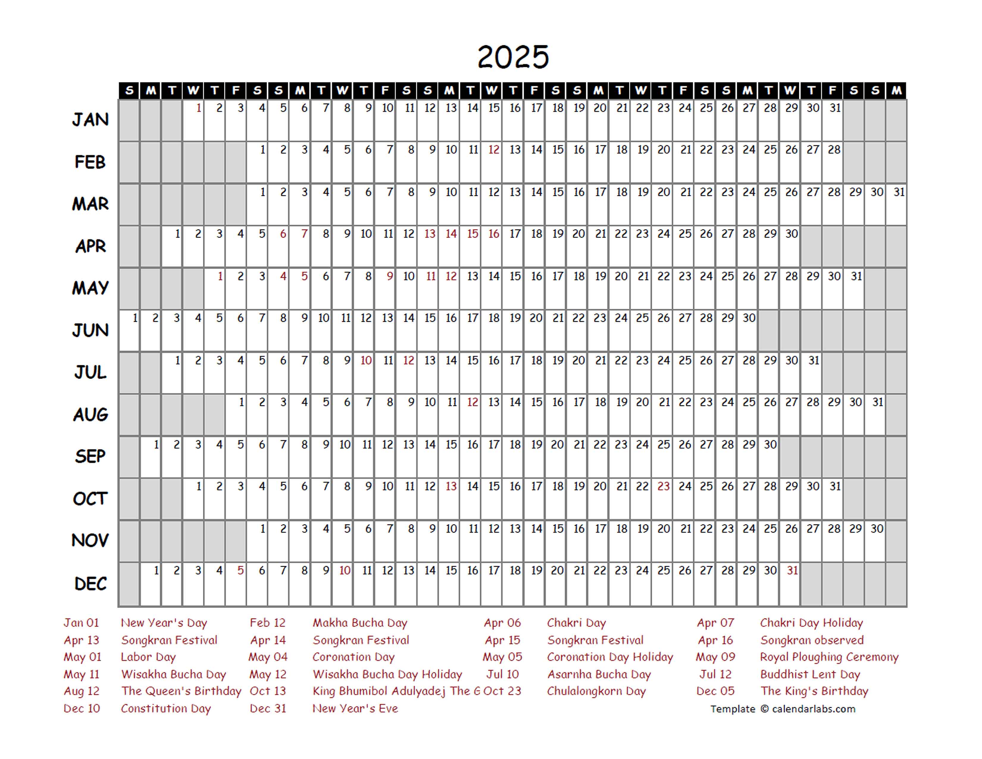 2025 Yearly Project Timeline Calendar Thailand Free Printable Templates