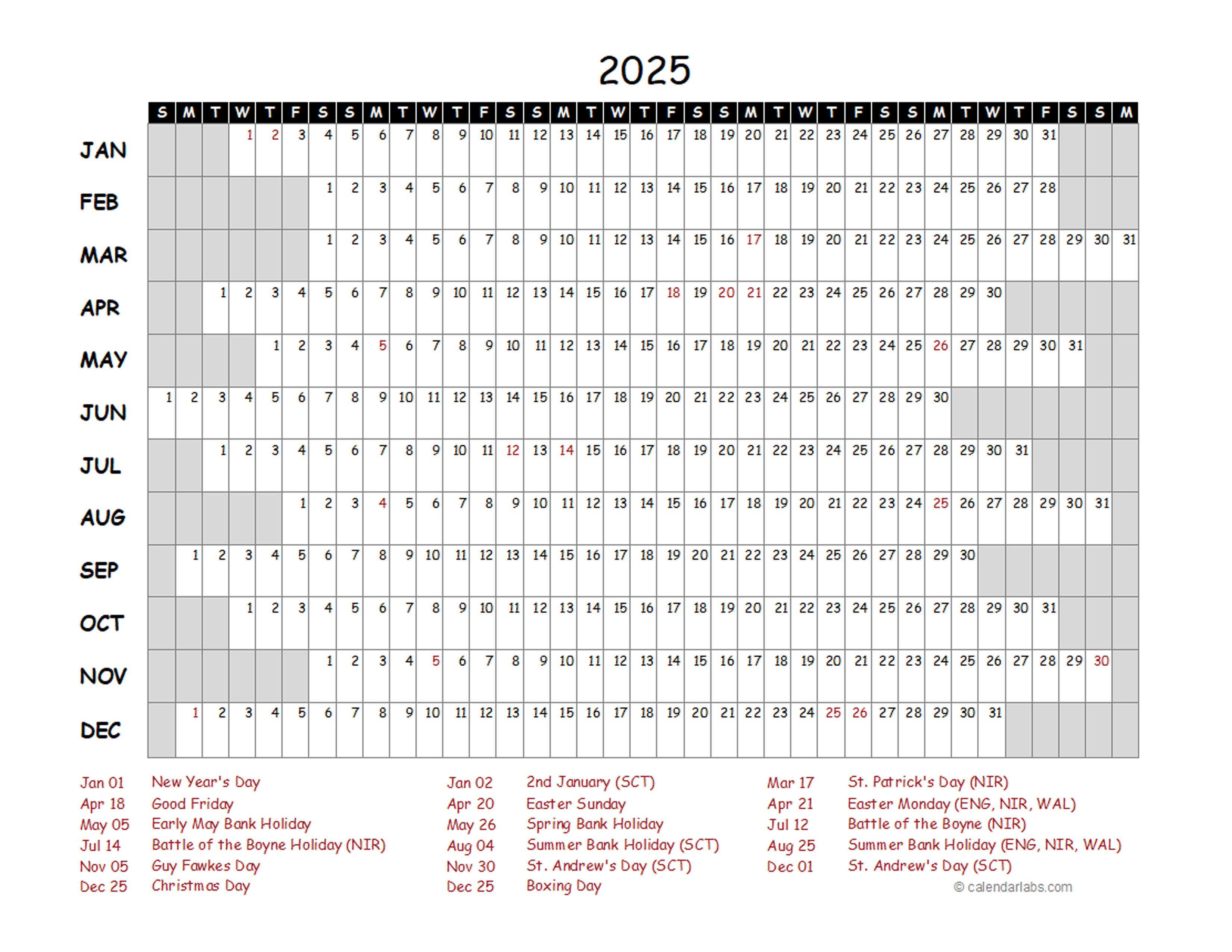 2025 Yearly Project Timeline Calendar UK Free Printable Templates