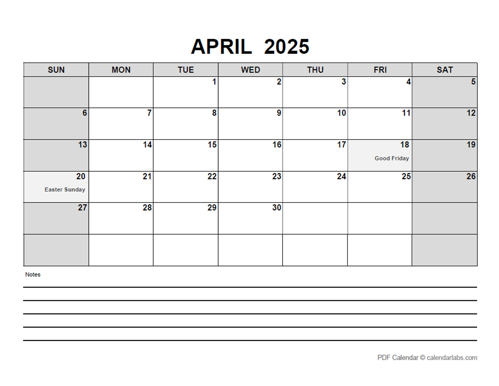 April 2025 Calendar With Weekend Shaded 3EA