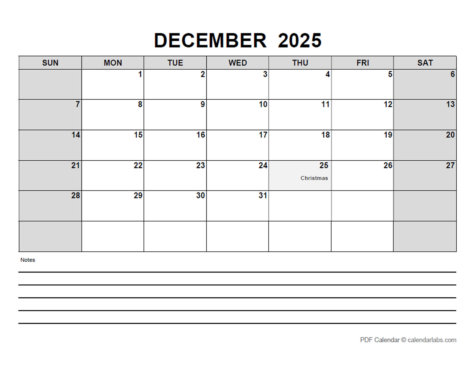 December 2025 Calendar with Holidays CalendarLabs