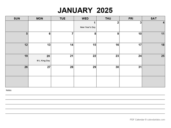 January 2025 Calendar with Holidays CalendarLabs