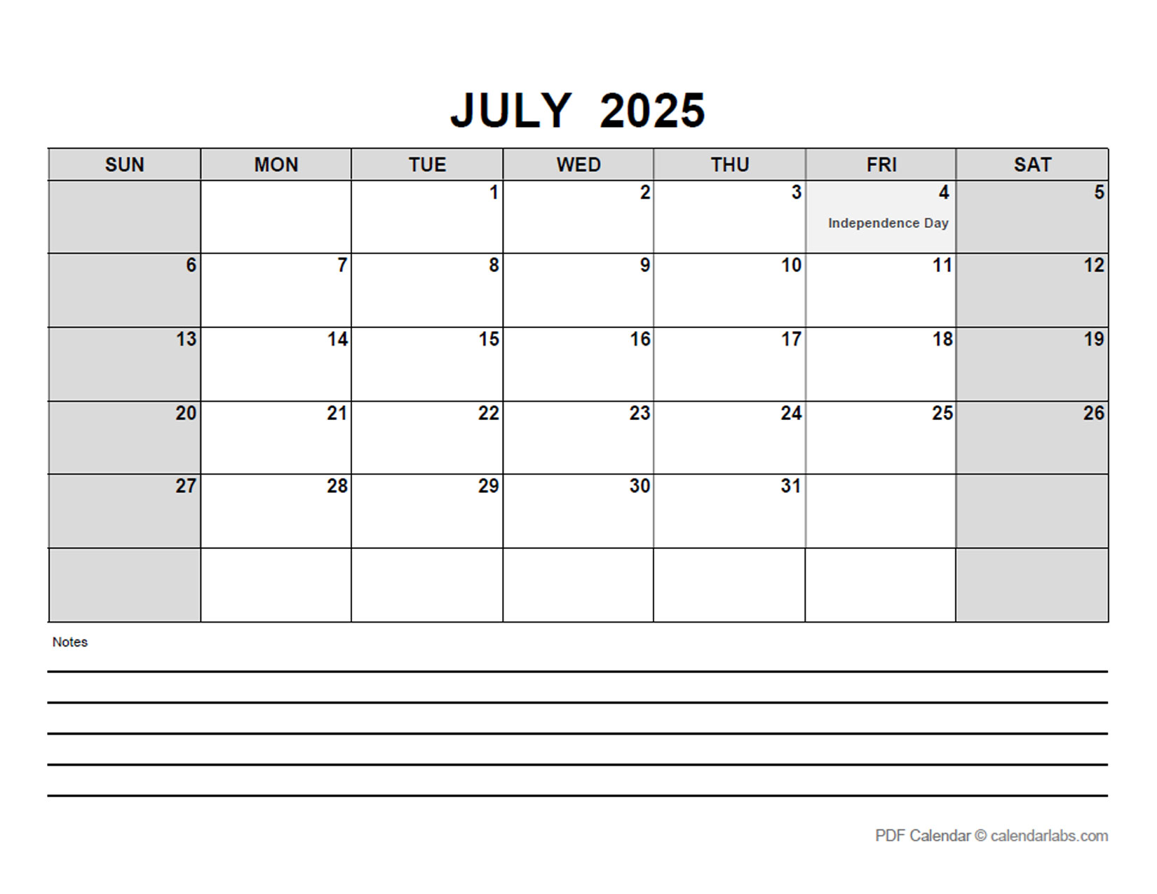 July 2025 Calendar with Holidays CalendarLabs