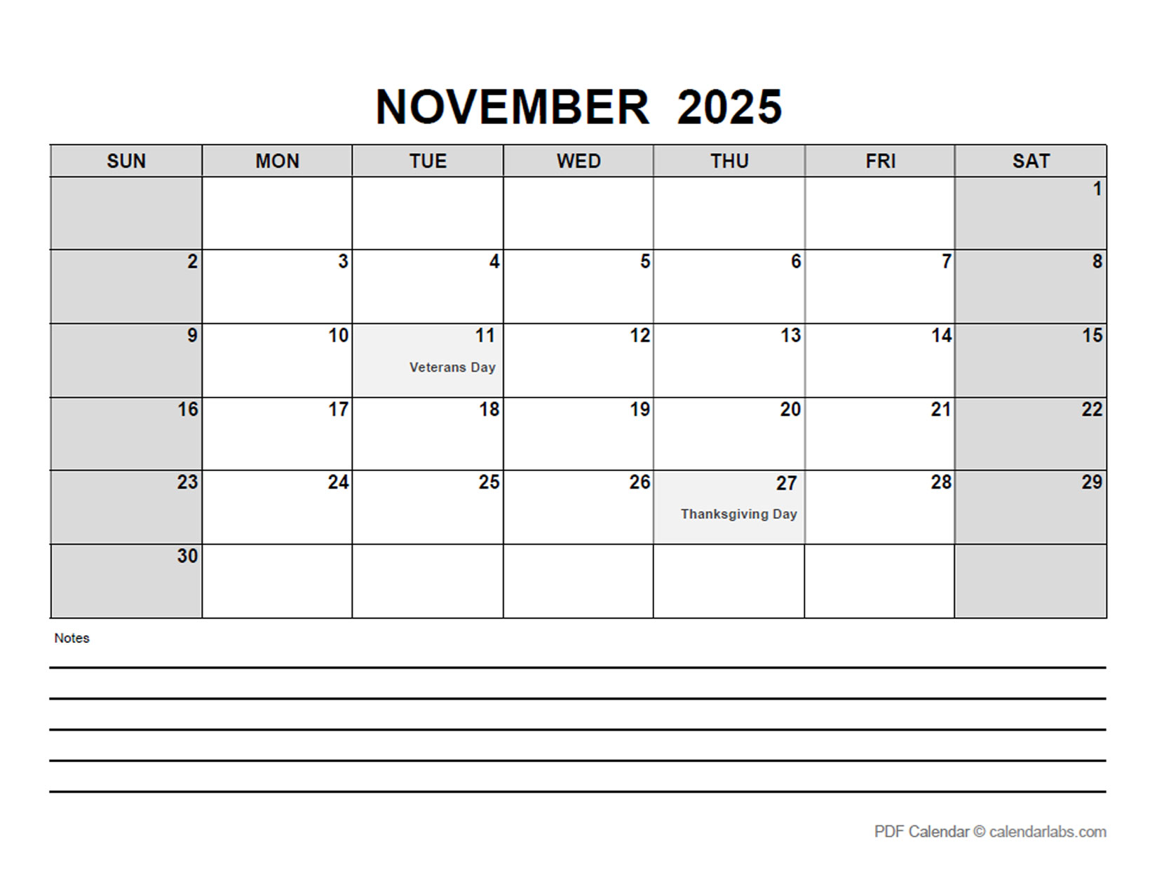 November 2025 Calendar with Holidays CalendarLabs