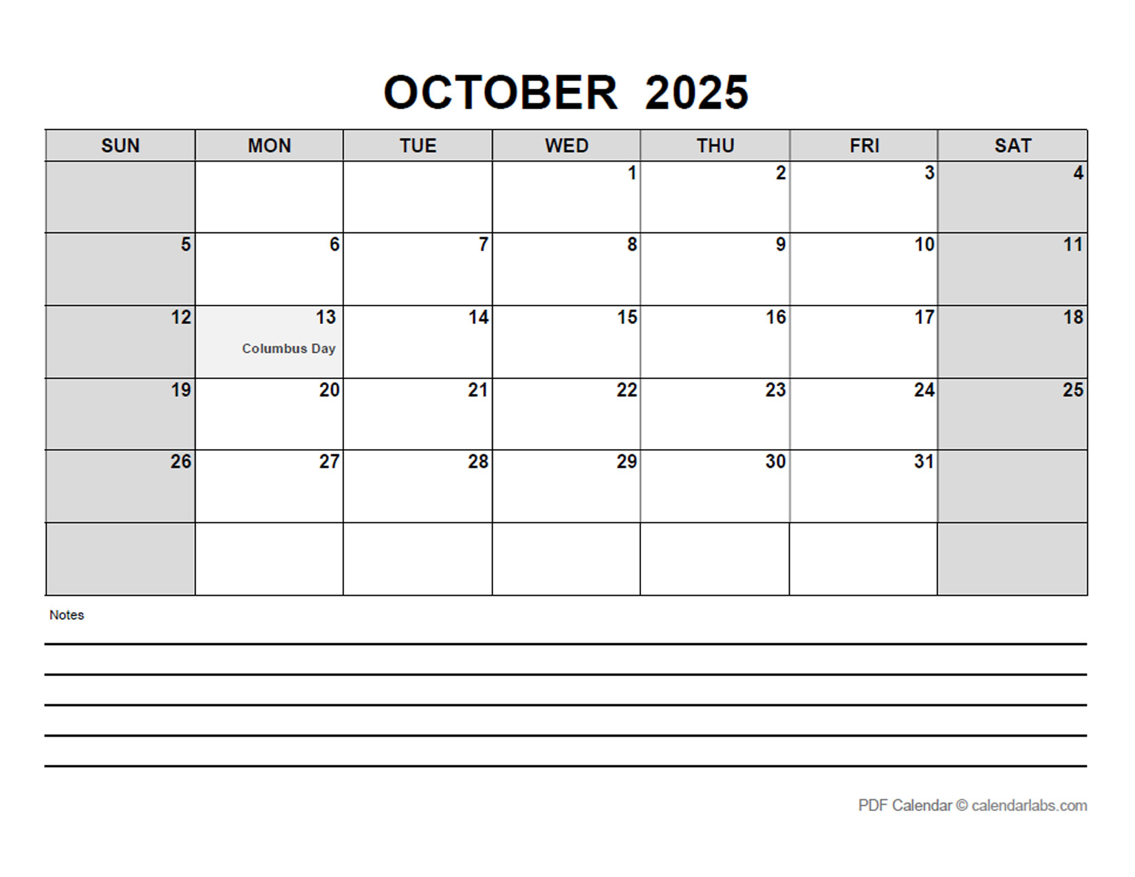 October 2025 Calendar with Holidays CalendarLabs