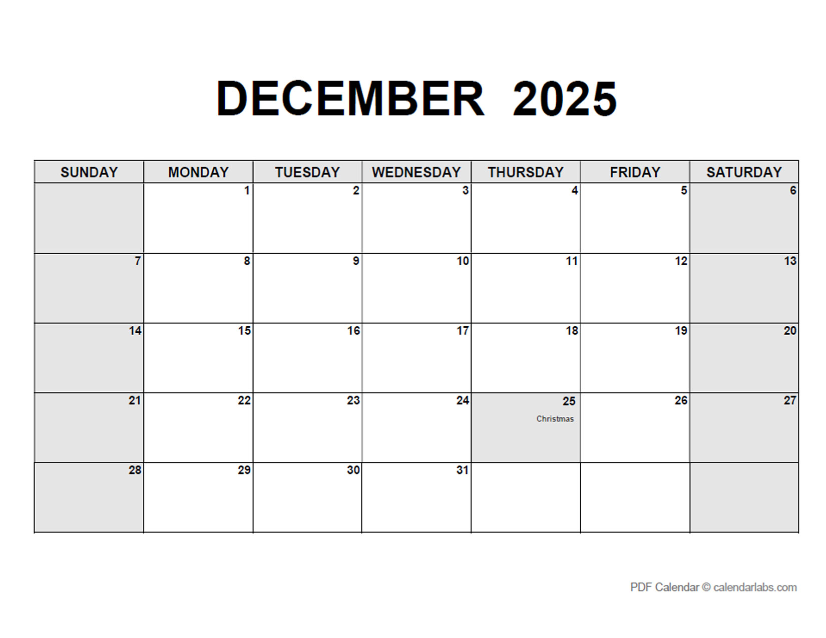 December 2025 Calendar with Holidays CalendarLabs