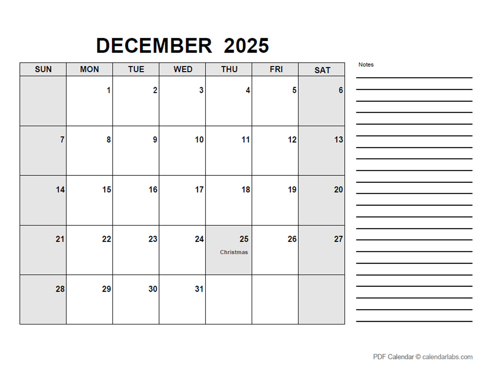 December 2025 Calendar with Holidays CalendarLabs