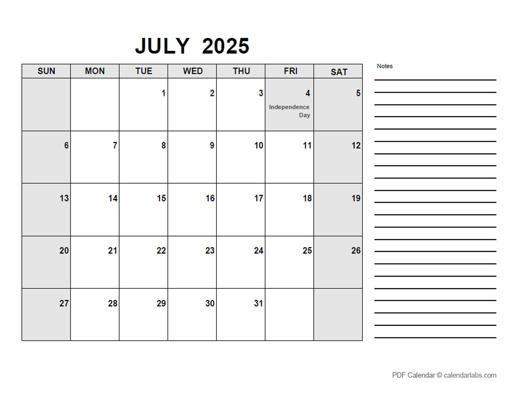 July 2025 Calendar with Holidays CalendarLabs