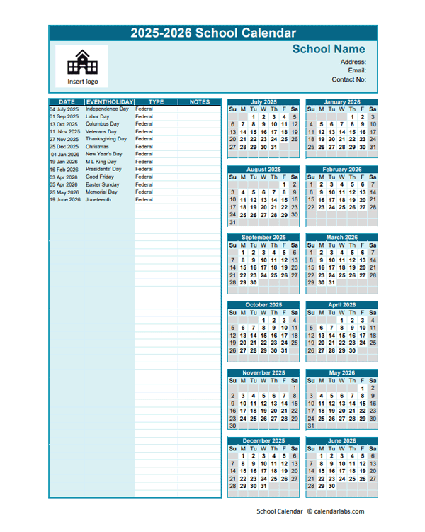 2025 2026 Jul Jun Yearly School Calendar Template Excel Free Printable Templates