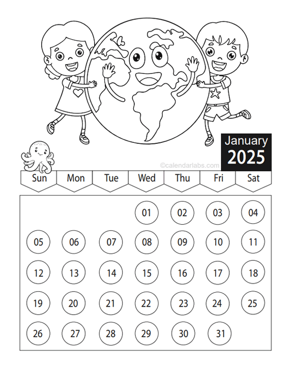2025 Children Coloring Book Calendar Free Printable Templates