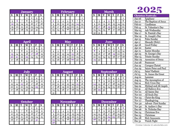 2025 Christian Festivals Calendar Template