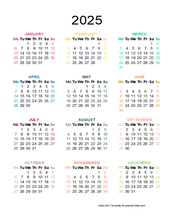 2025 Colorful Yearly Excel Calendar Free Printable Templates