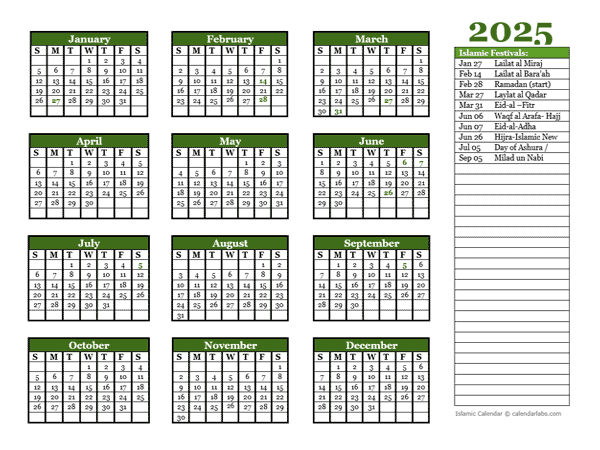 2025 Islamic Festivals Calendar Template