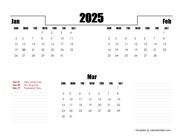 2025 Numbers Calendar with Holidays