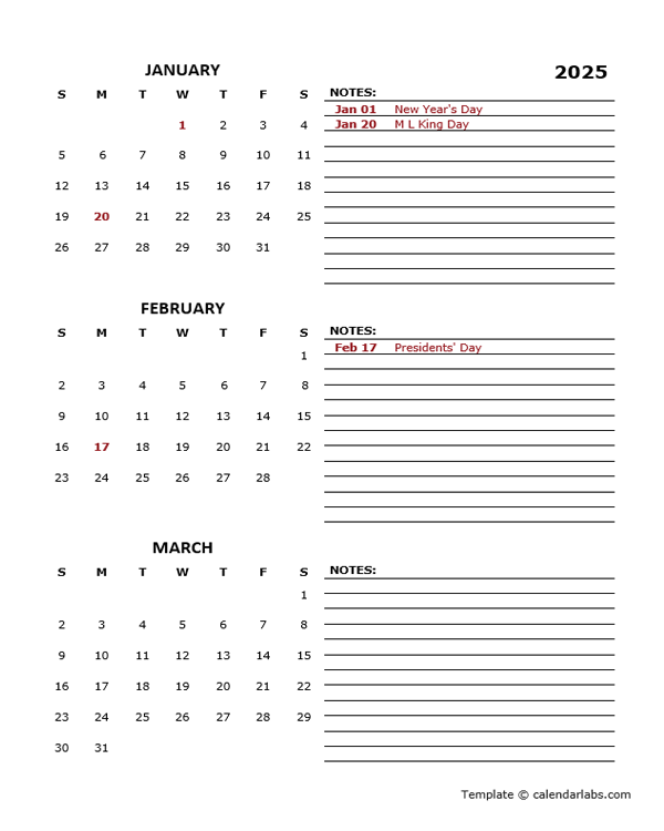 2025 Quarterly Portrait Calendar Template Free Printable Templates