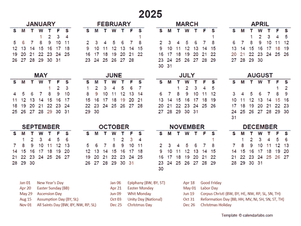 2025 Year at a Glance Calendar with Germany Holidays