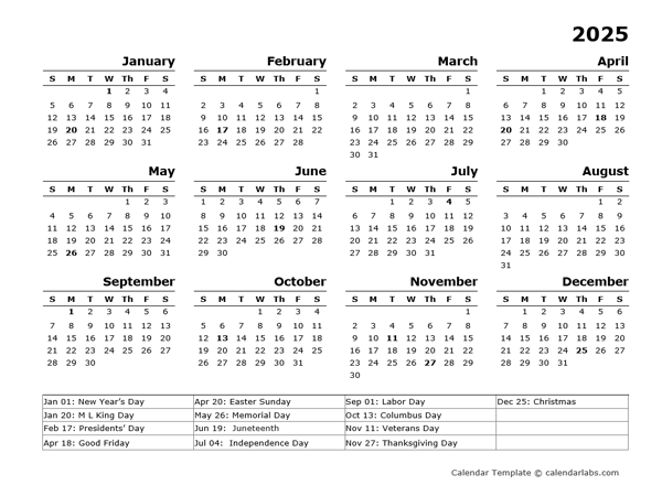 2025 Yearly Calendar Template With US Holidays - Free Printable Templates