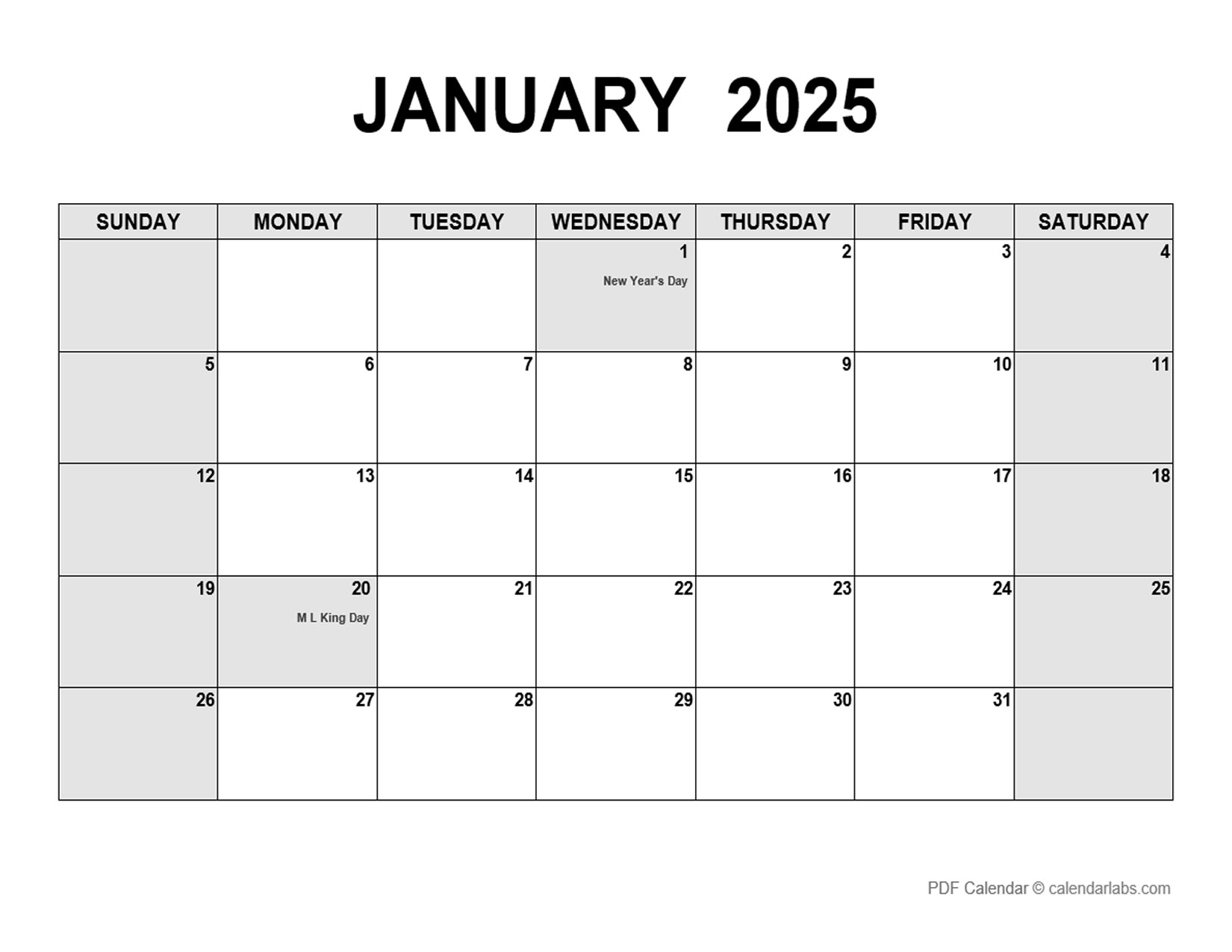 January 2025 Calendar with Holidays CalendarLabs