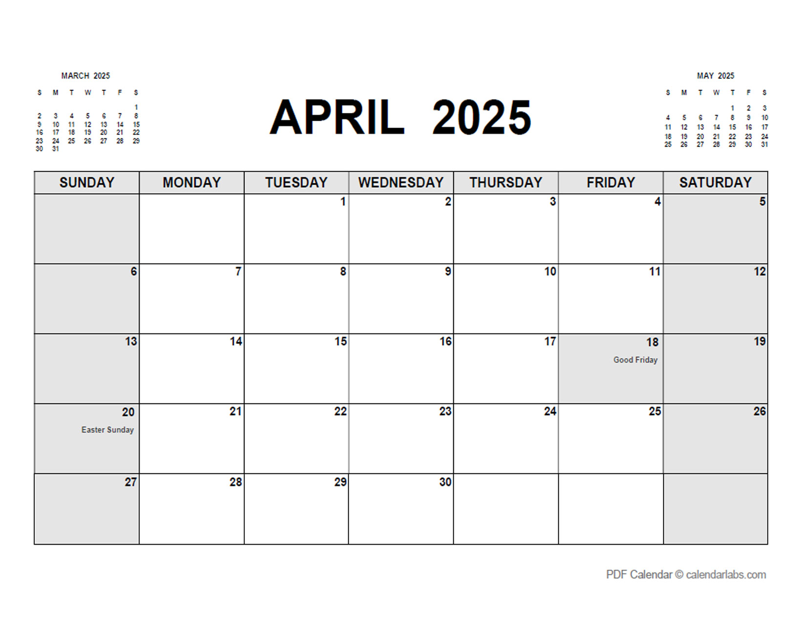 April 2025 Calendar with Holidays CalendarLabs