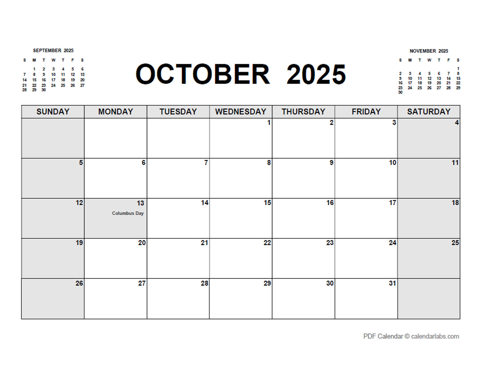 October 2025 Calendar with Holidays CalendarLabs