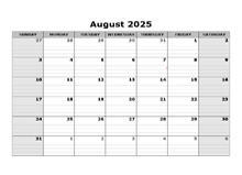 August 2025 Calendar Word