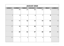 August 2025 Printable Calendar