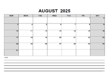 Blank August 2025 Calendar PDF