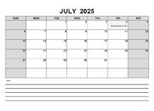 Blank July 2025 Calendar PDF