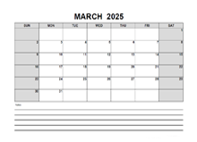 Blank March 2025 Calendar PDF