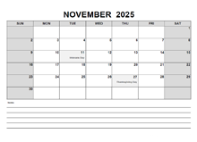 Blank November 2025 Calendar PDF