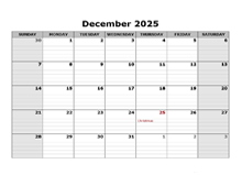 December 2025 Calendar Word