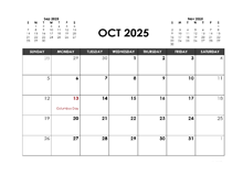 October 2025 Calendar Free Printable