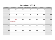 October 2025 Calendar Word