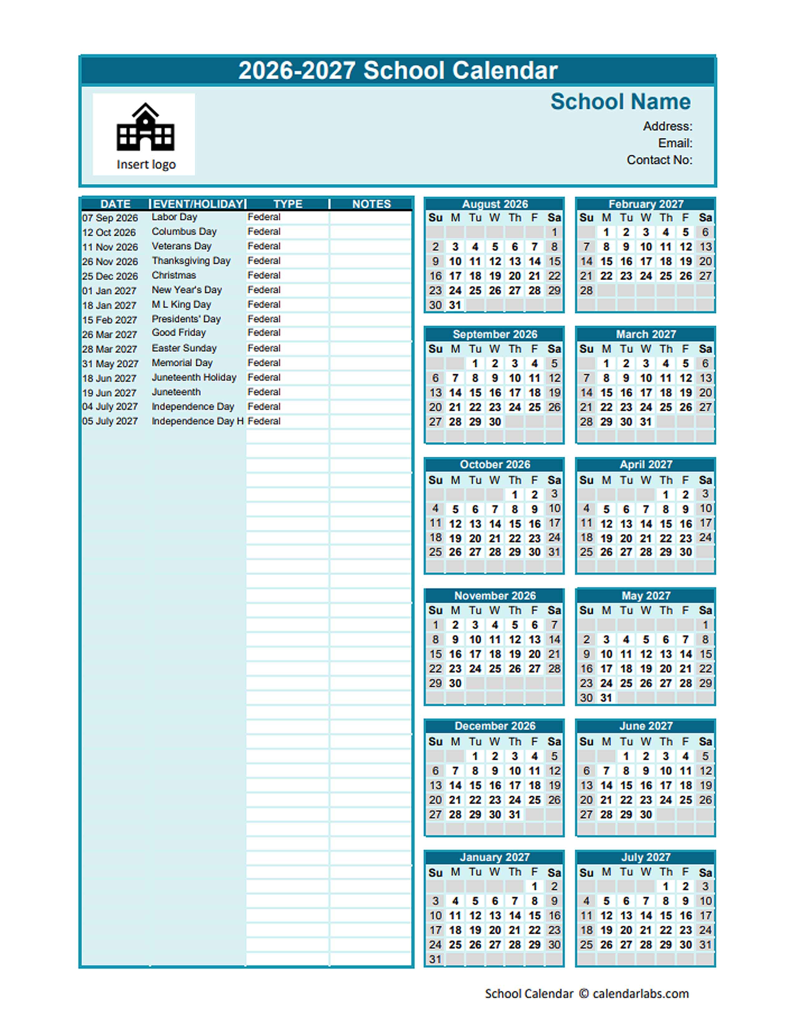 2026-2027 Aug-Jul Yearly School Calendar Template Excel - Free ...