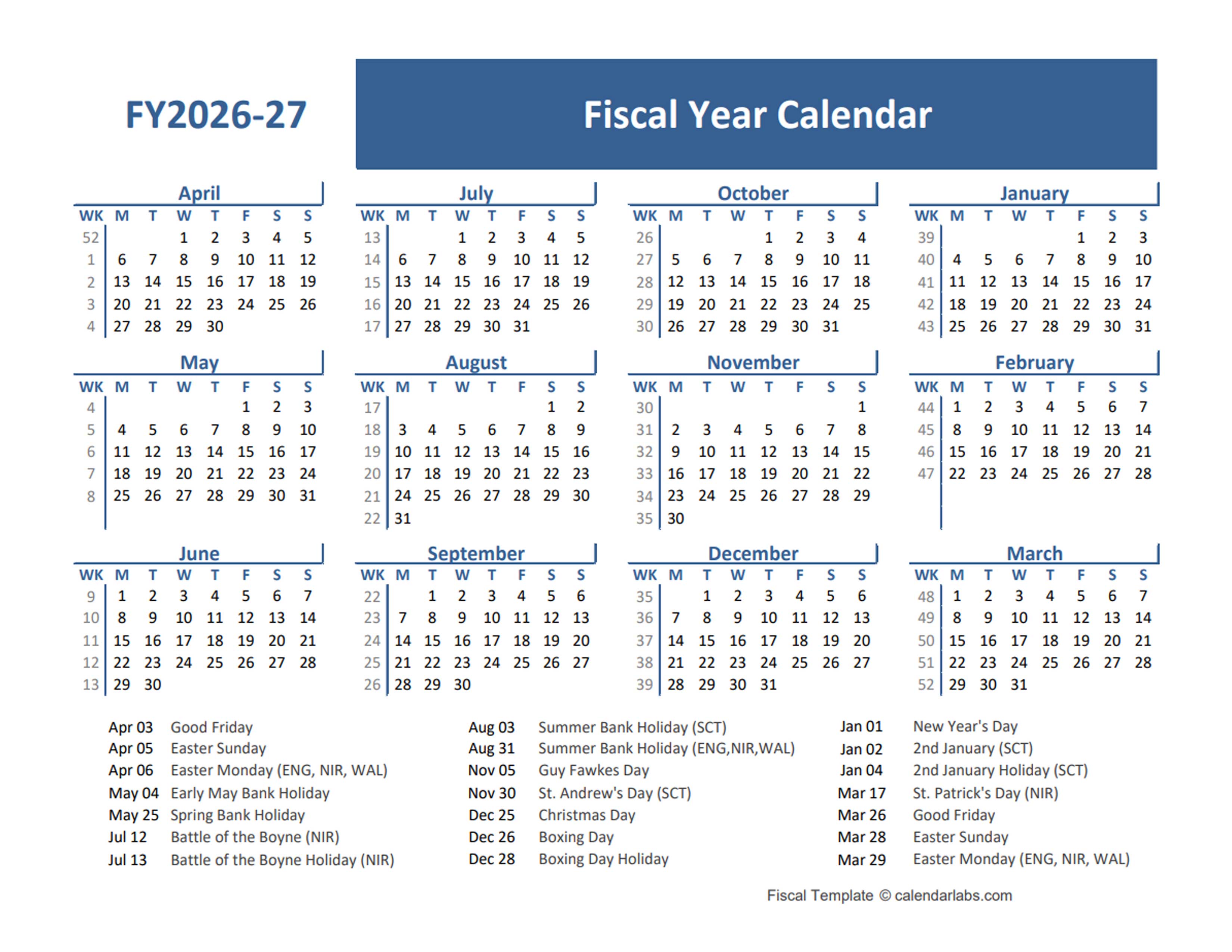 2026-27 Fiscal Year Calendar Template UK - Free Printable Templates