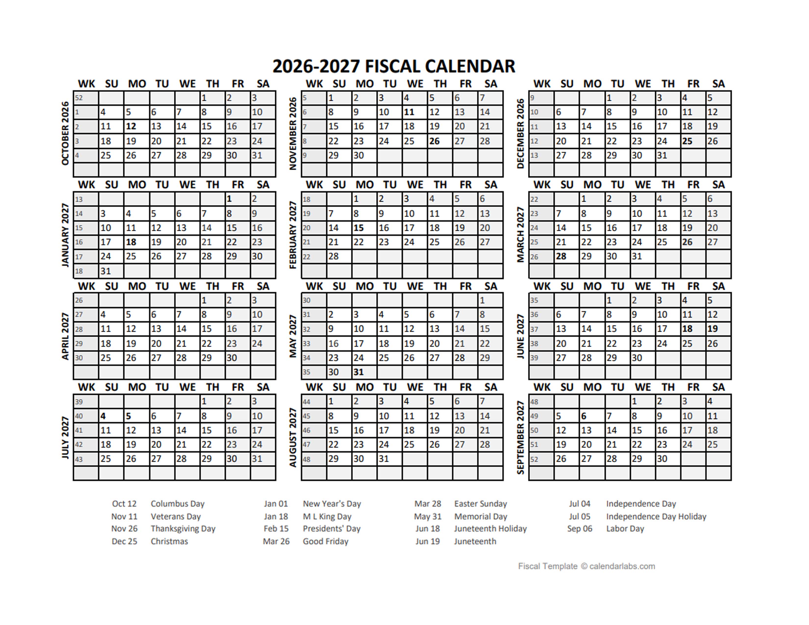 Fiscal Calendar 2026-2027 Templates - Free Printable Templates