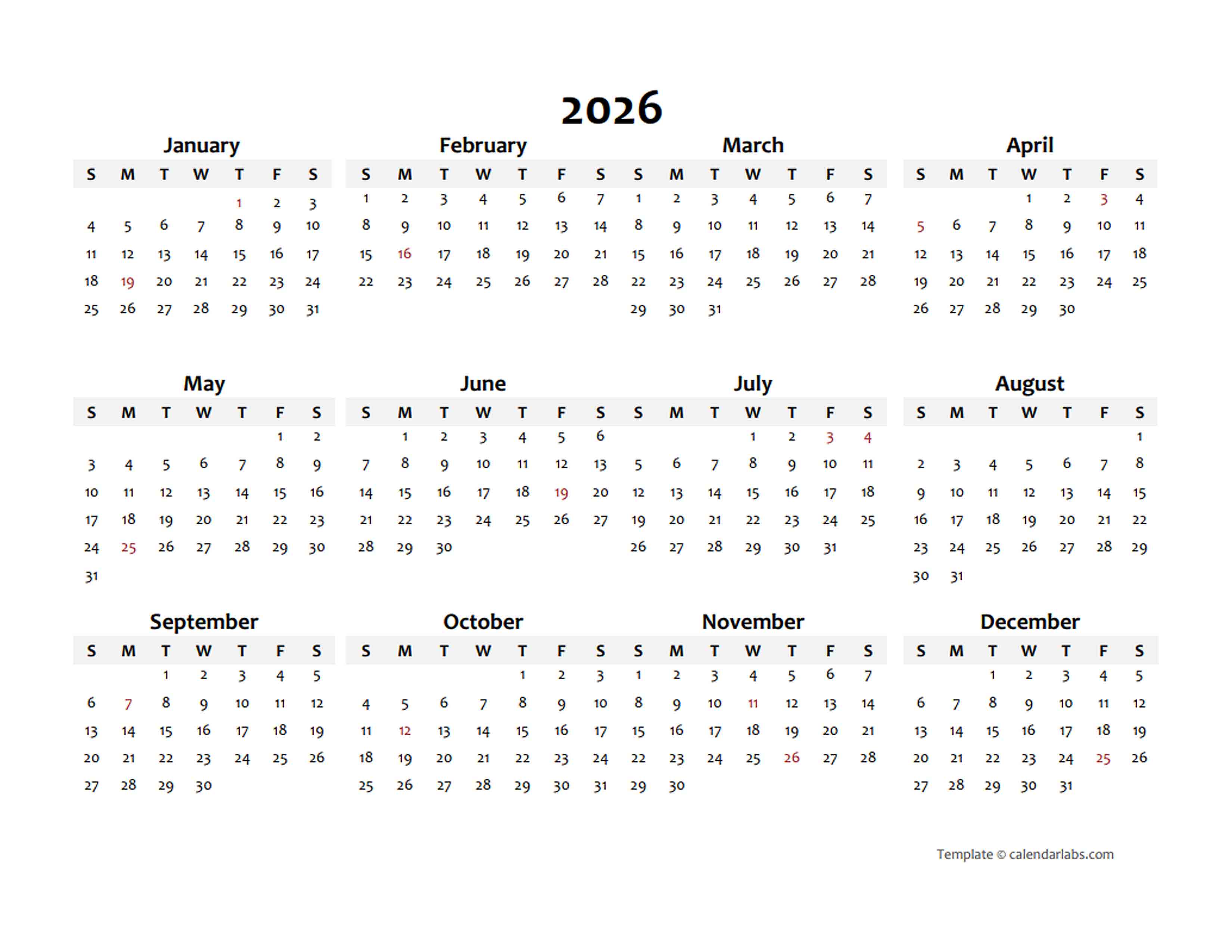 2026 Annual Blank Word Calendar Template Free Printable Templates