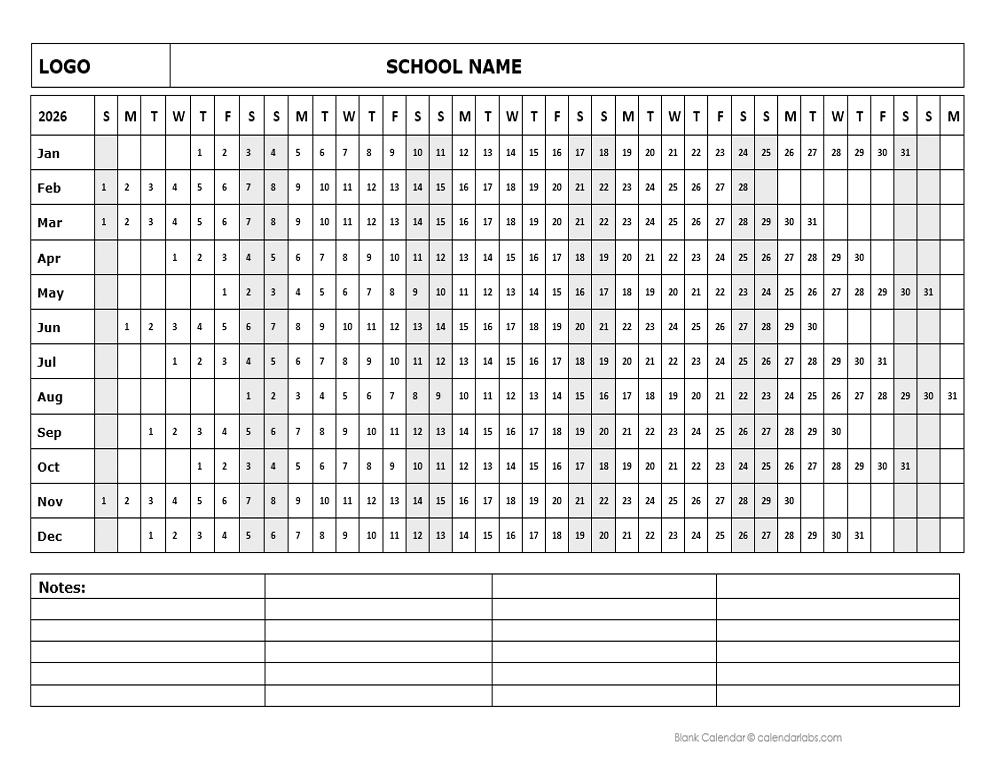 2026 Blank Landscape Yearly Calendar Template - Free Printable Templates