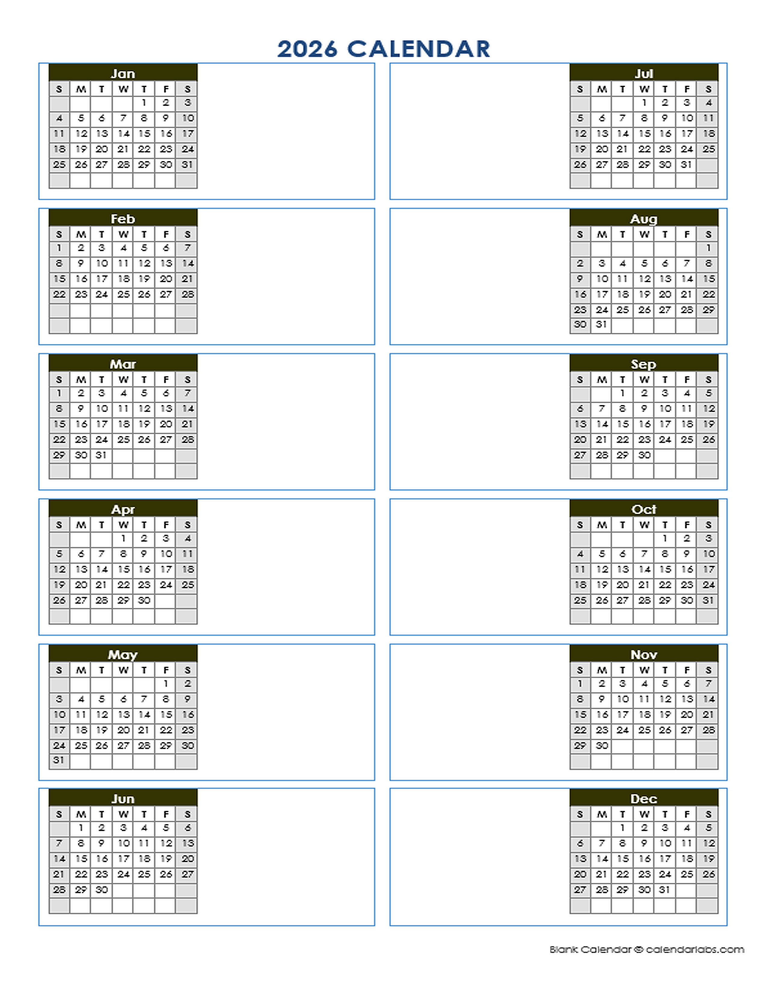 2026 Blank Yearly Calendar Template Vertical Design - Free Printable Templates