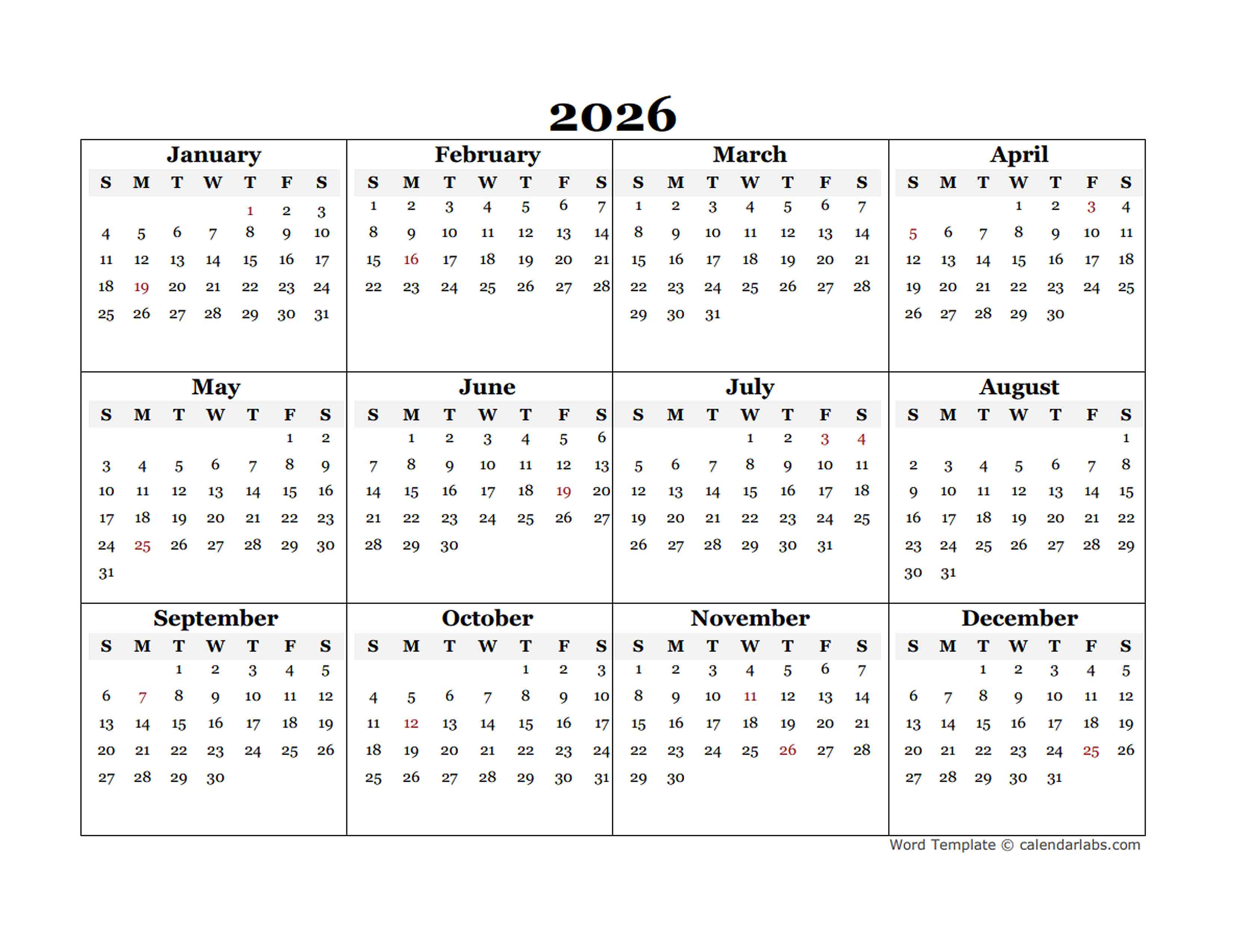 2026 Blank Yearly Word Calendar Template - Free Printable Templates