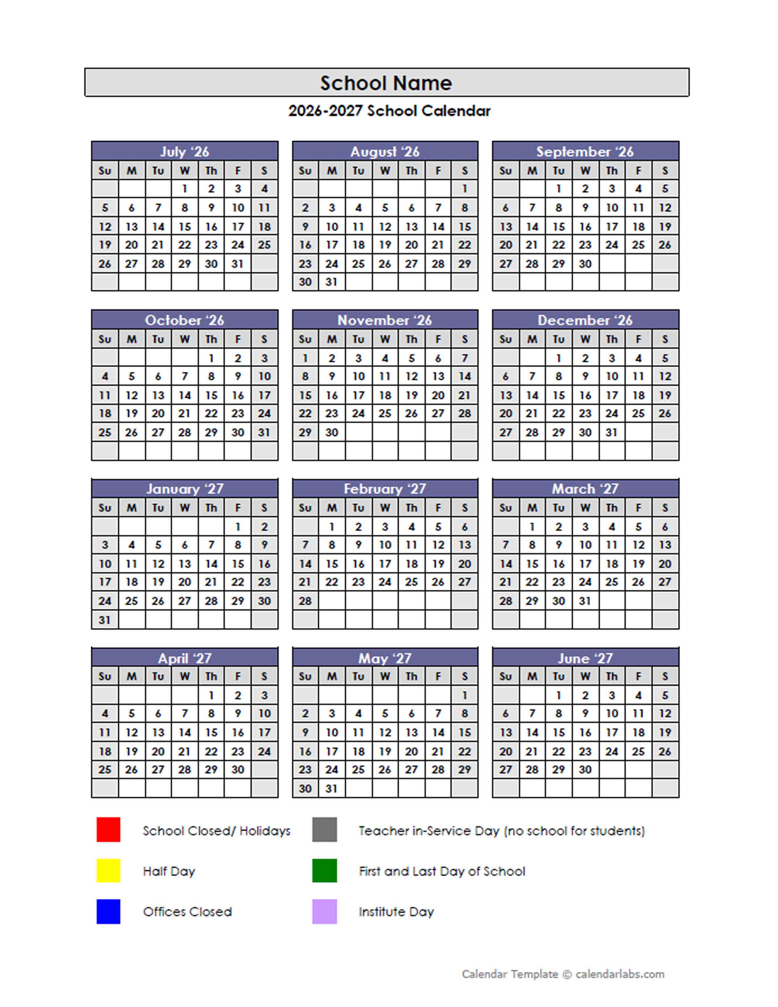 2026 Customizable Yearly Jul-Jun Calendar - Free Printable Templates