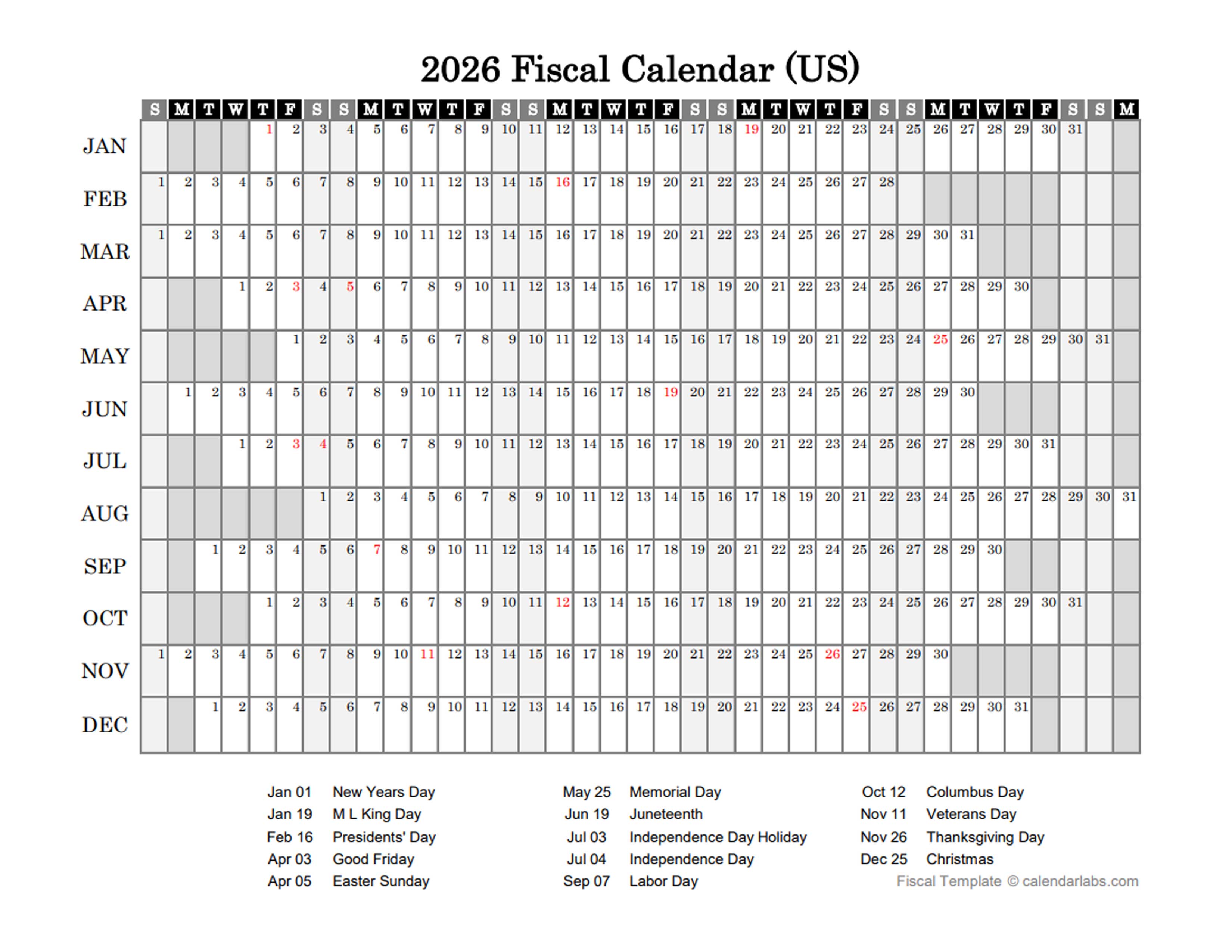 2026 Fiscal Calendar USA - Free Printable Templates