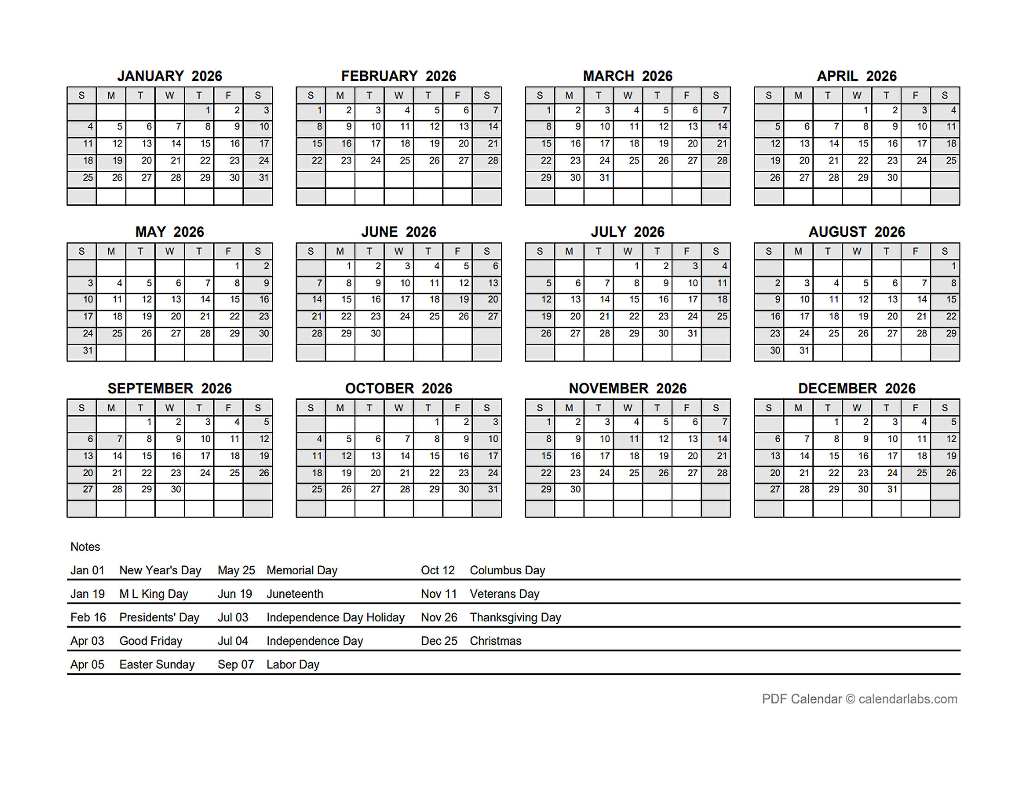 2026 PDF Yearly Calendar With Holidays - Free Printable Templates