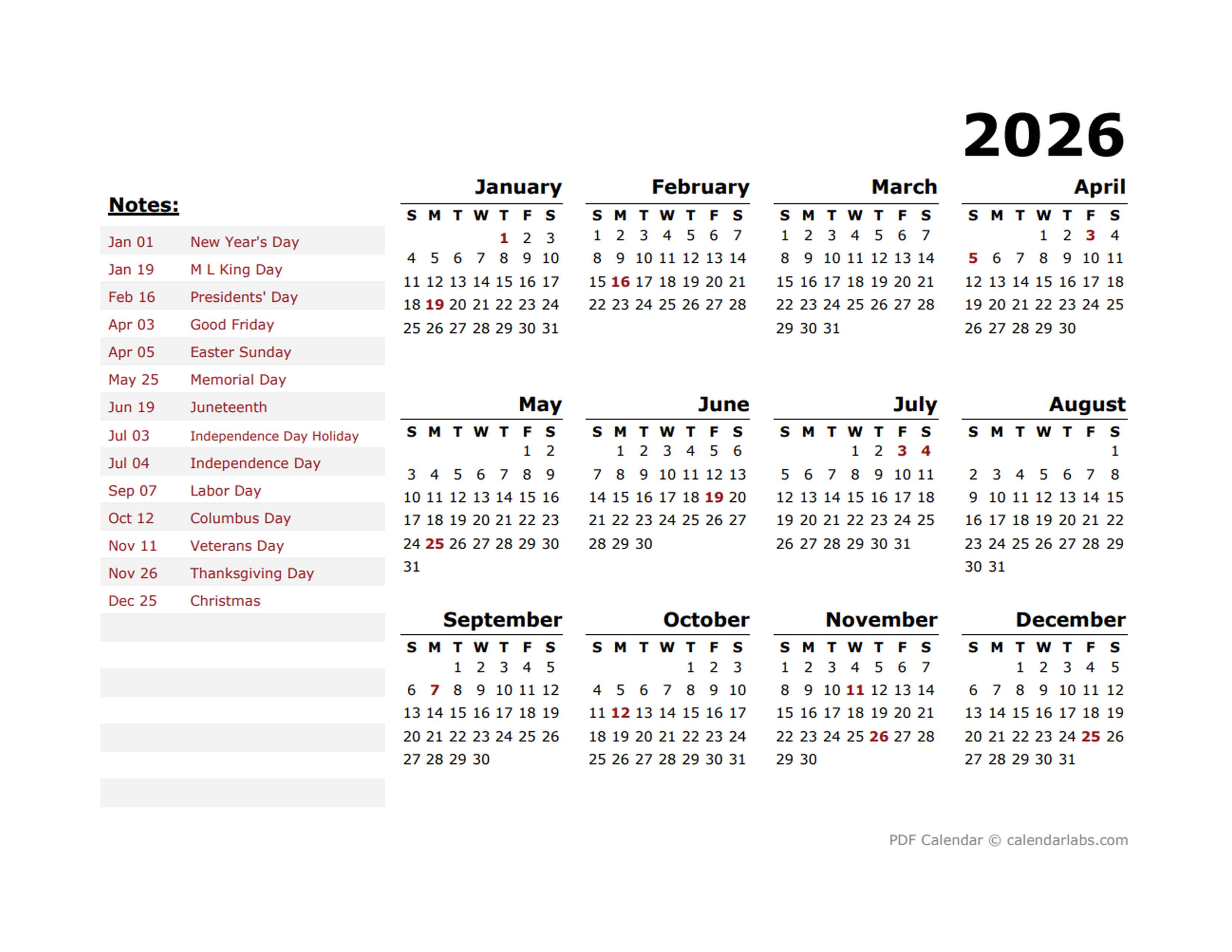 2026 Year Calendar Template with US Holidays - Free Printable Templates