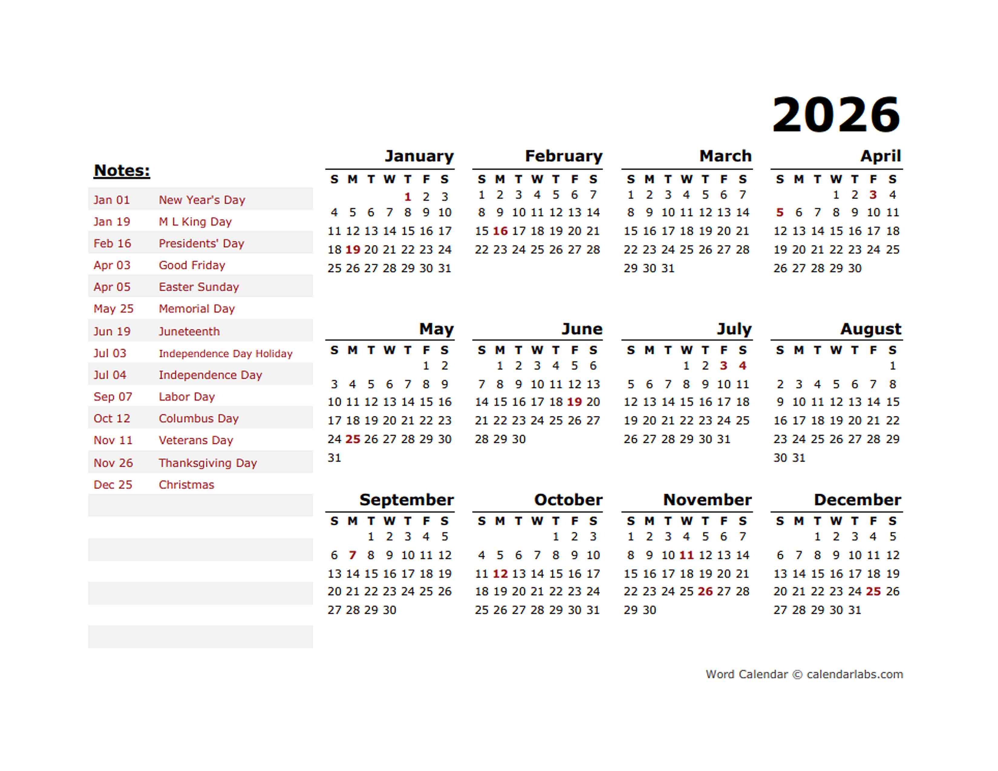 2026 Year Calendar Word Template With Holidays - Free Printable Templates