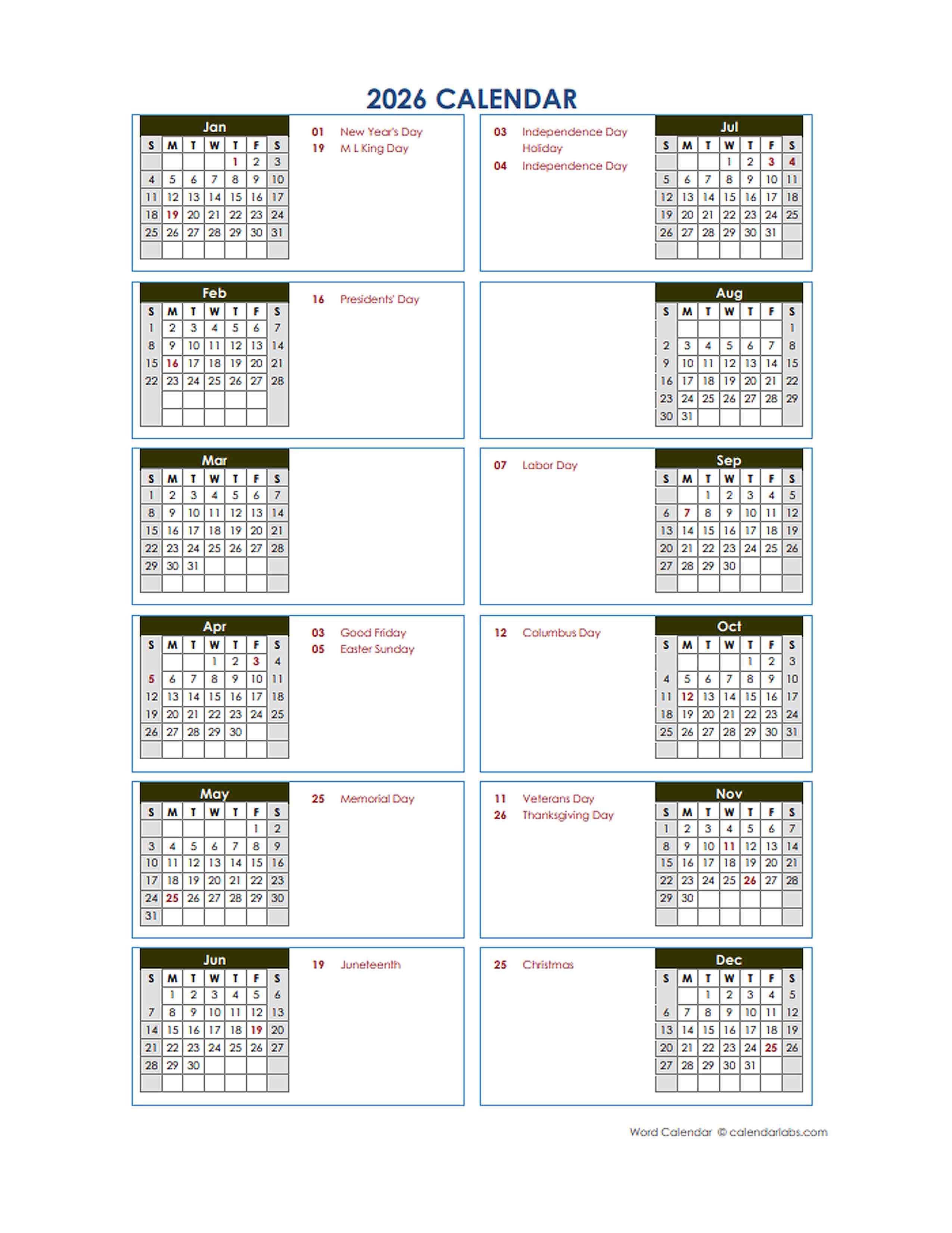 2026 Year At A Glance Word Calendar Template - Free Printable Templates